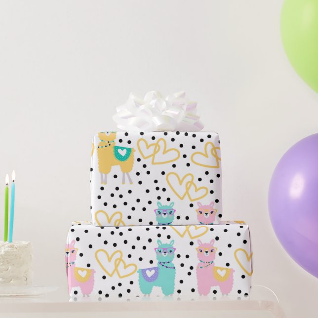 Cute Llama Fun Colourful Teal Pink Hearts Polka Do Wrapping Paper (Party Gifts)