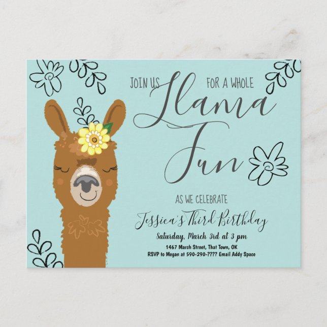 Cute Llama Fun Girls Birthday Party Invitation Postcard (Front)
