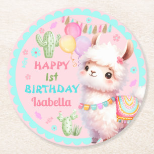 Cute Llama Fun Whimsical Colourful Girl Birthday Round Paper Coaster