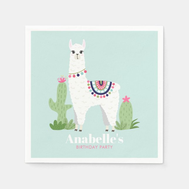 Cute Llama Girl's Birthday Party Napkin (Front)