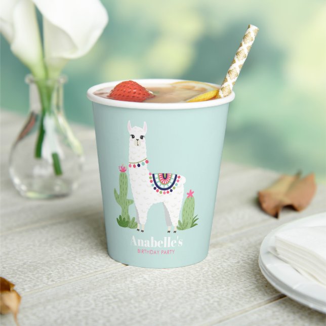 Cute Llama Girl's Birthday Party Paper Cups (Insitu)