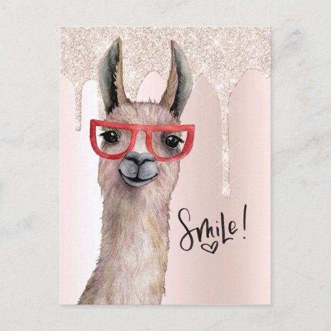 Cute Llama Girly Pink Glitter Thinking Of You Postcard (Front)