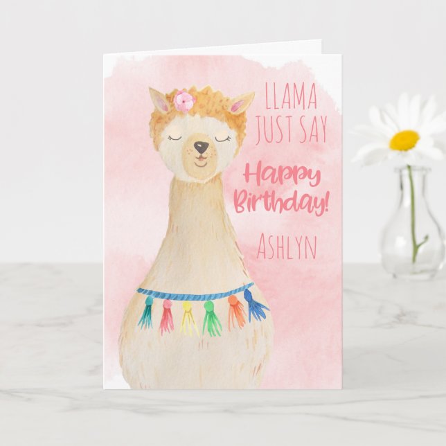 Cute Llama Girly Pink Personalized Birthday Card (Small Plant)