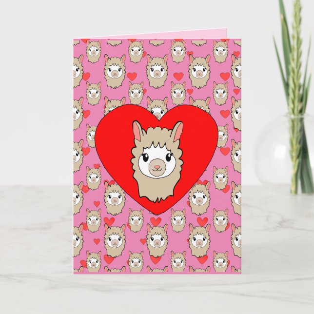 Cute Llama Head And Red Hearts Pink Background Card (Front)
