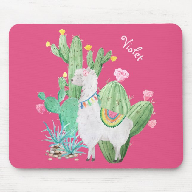 Cute Llama in Cactus Garden - Personalized Pink Mouse Pad (Front)