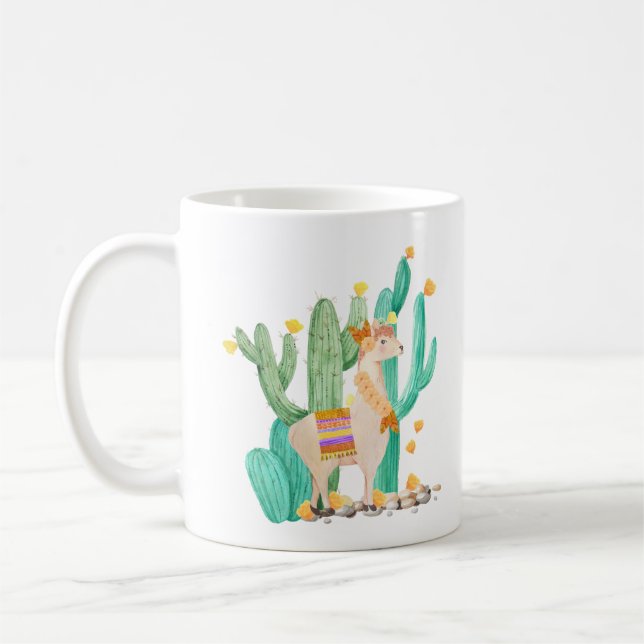 Cute Llama in Yellow Flowering Cactus Garden Scene Coffee Mug (Left)