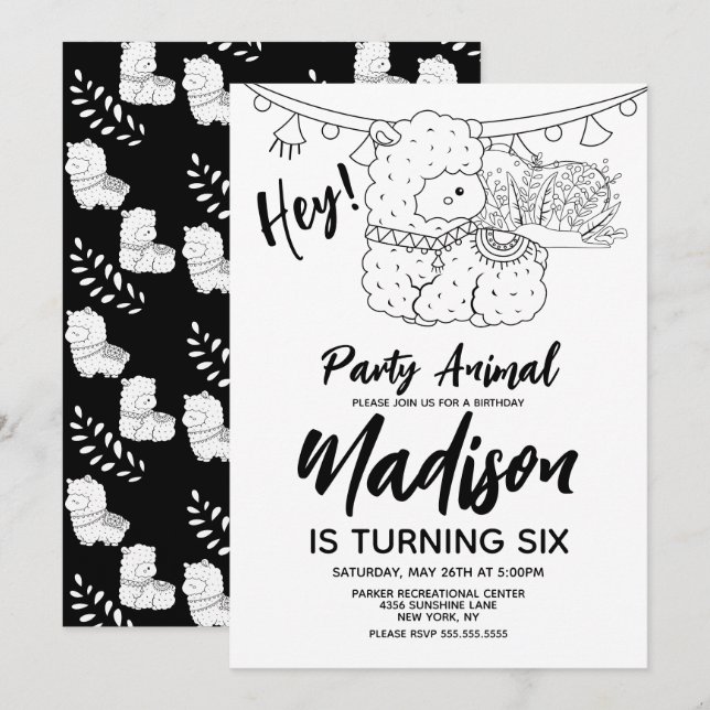 Cute Llama Kids Birthday Party Black White Invitation (Front/Back)