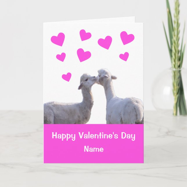 Cute Llama Kiss Pink Hearts Valentines Day Card (Front)