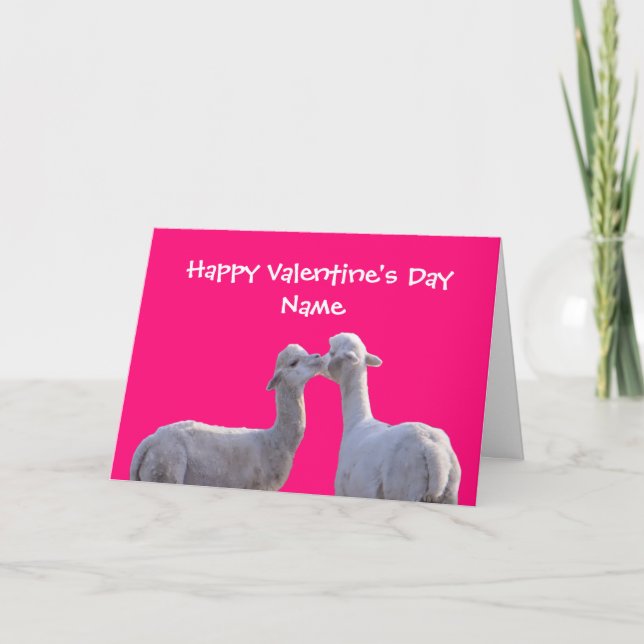 Cute Llama Kiss Pink Valentine's Day Card (Front)