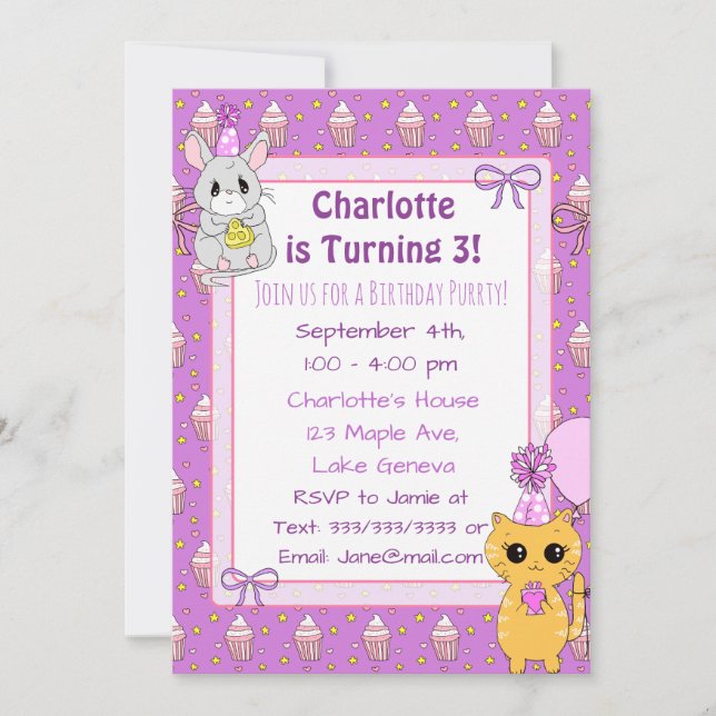 Cute Llama, Kitten and Mouse Purple Birthday Invitation (Front)