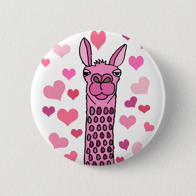 Cute Llama Love and Hearts Art 2 Inch Round Button (Front)