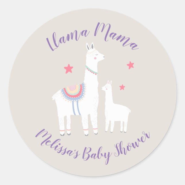 Cute Llama Mama Modern Baby Shower Classic Round Sticker (Front)