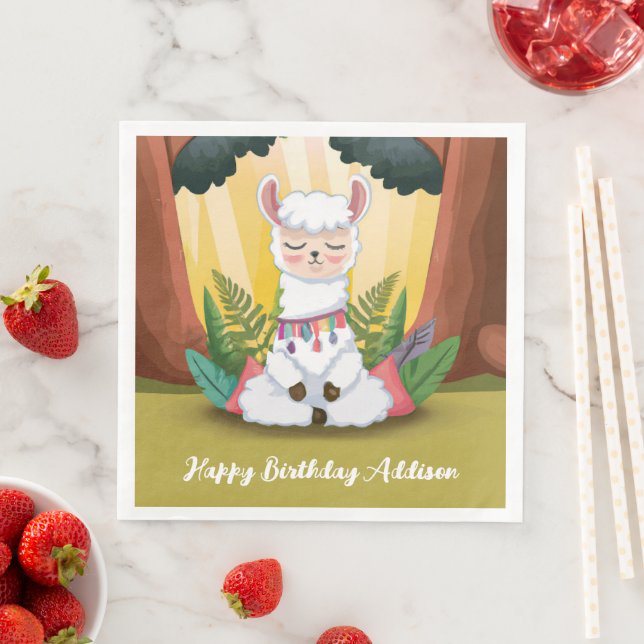 Cute Llama Meditating in Magical Forest Birthday Napkin (Insitu)