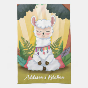 Cute Llama Meditating in Magical Forest Kitchen Towel