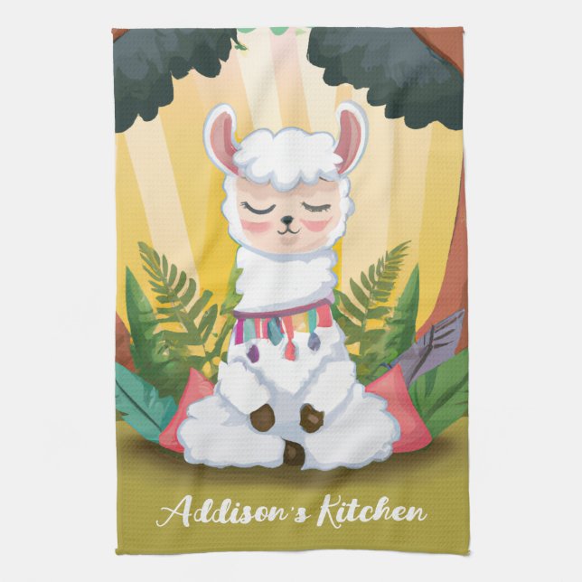 Cute Llama Meditating in Magical Forest Kitchen Towel (Vertical)