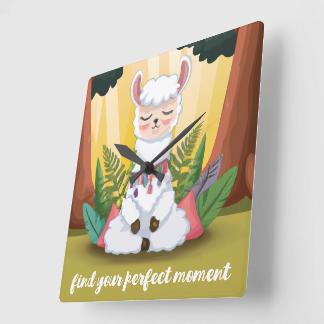 Cute Llama Meditating in Magical Forest Square Wall Clock (Angle)