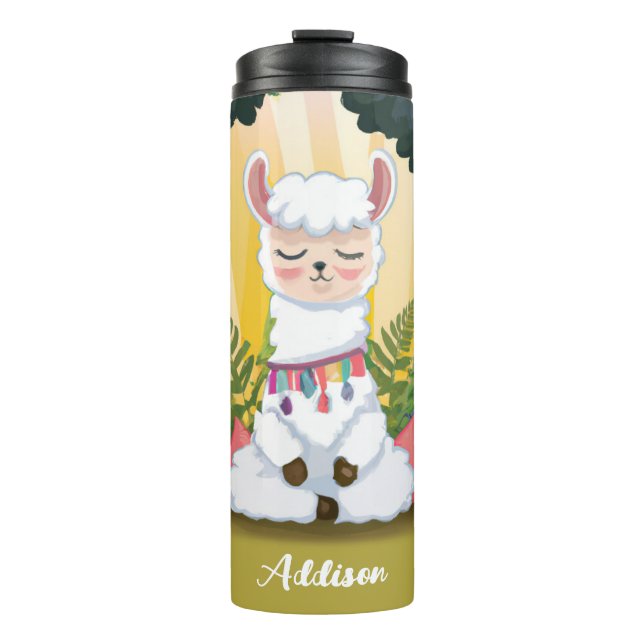 Cute Llama Meditating in Magical Forest Thermal Tumbler (Front)