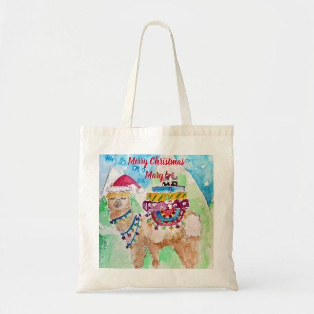 Cute Llama Merry Christmas art Girls Tote Bag (Front)