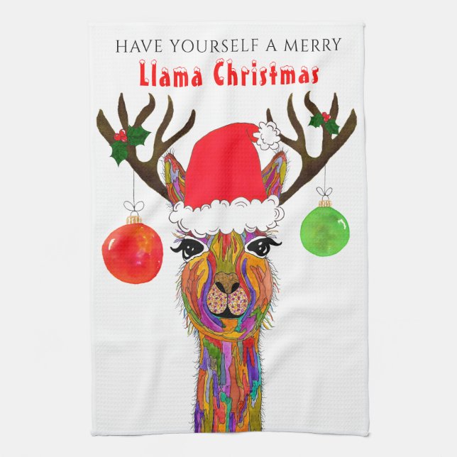 Cute Llama Merry Christmas Kitchen Towel (Vertical)