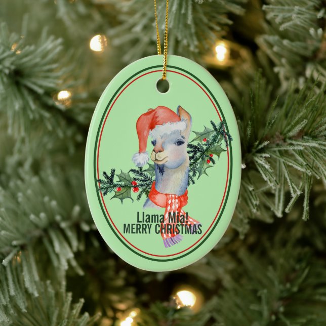 Cute Llama Mia Merry Christmas Ceramic Ornament (Tree)