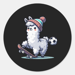 Cute Llama On Skateboard With Soccer Byll Beanie  Classic Round Sticker