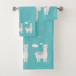 Cute  llama pattern mint background bath towel set