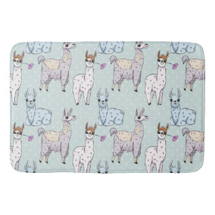 Cute Llama Pattern on Polka Dots Bath Mat
