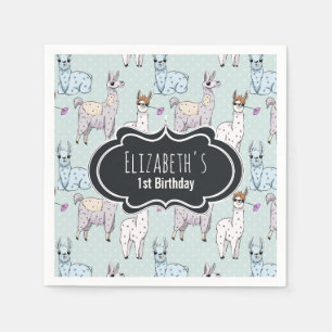 Cute Llama Pattern on Polka Dots Birthday Napkin