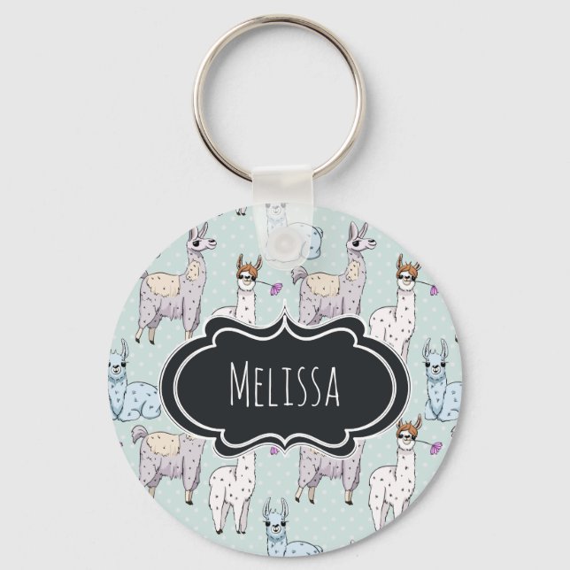 Cute Llama Pattern on Polka Dots Keychain (Front)