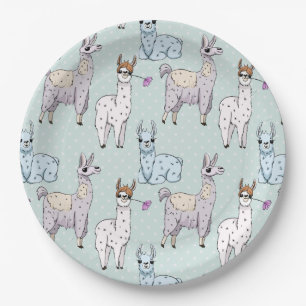 Cute Llama Pattern on Polka Dots Paper Plate