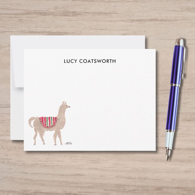 Cute Llama Personalized Boho Animal Artwork Card (This whimsical llama note card features a watercolor llama in a red blanket in the lower RH corner.)