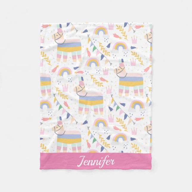 Cute Llama Personalized Rainbow Baby Nursery Fleece Blanket (Front)