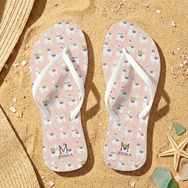 Cute Llama Pink Pattern Girls Summer Beach Flip Flops (Creator Uploaded)