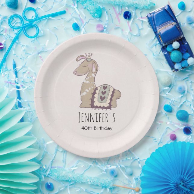 Cute Llama Princess Wearing a Crown Birthday Paper Plate (Party)