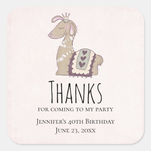 Cute Llama Princess Wearing a Crown Birthday Square Sticker (Front)
