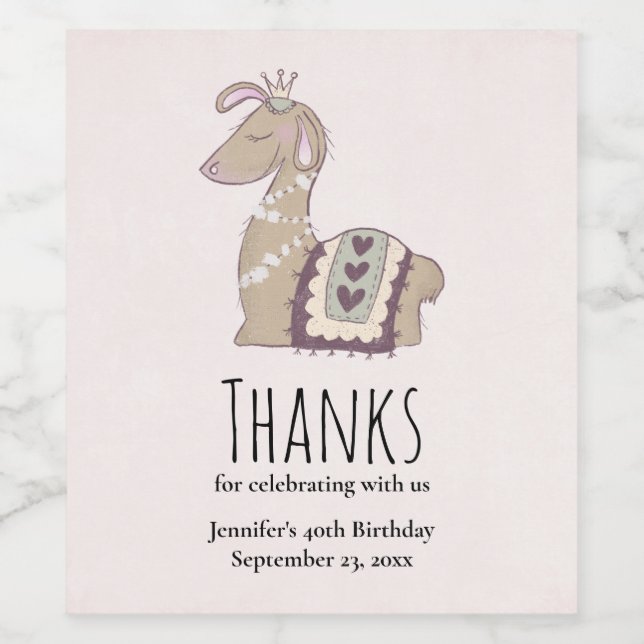 Cute Llama Princess Wearing a Crown Thank You Wine Label (Single Label)