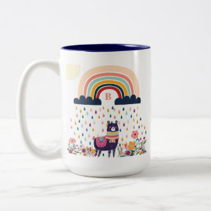 Cute Llama Rainbow Initial Monogram Two-Tone Coffee Mug