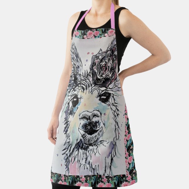 Cute Llama Watercolor Painting Animal Rose Apron (Insitu)