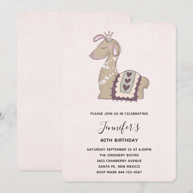 Cute Llama Wearing a Crown Birthday Invitation (Front/Back)