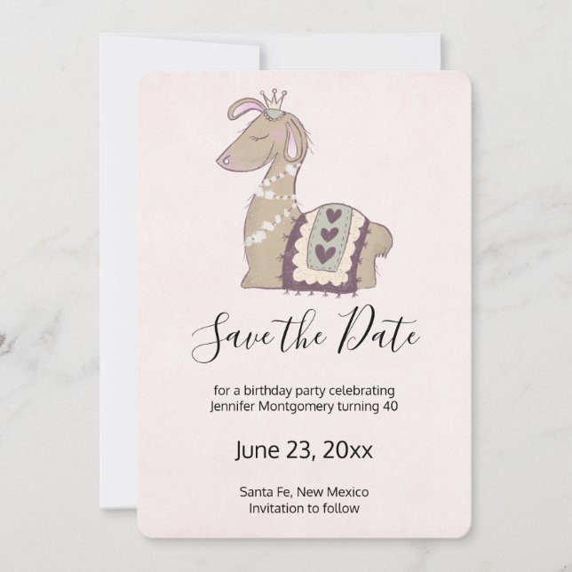 Cute Llama Wearing a Crown Birthday Save The Date (Front)