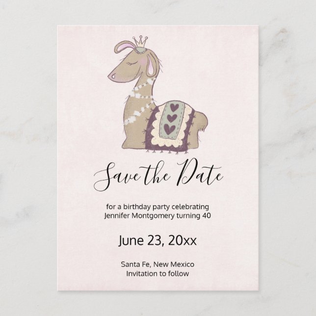 Cute Llama Wearing a Crown Save the Date Invitation Postcard (Front)