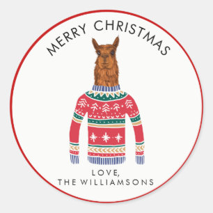 Cute Llama Wearing Funny Ugly Christmas Sweater Classic Round Sticker