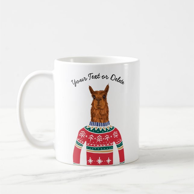 Cute Llama Wearing Funny Ugly Christmas Sweater Coffee Mug (Left)