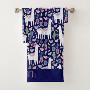 Cute Llama Whimsical Botanical Pattern Bath Towel Set