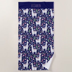 Cute Llama Whimsical Botanical Pattern Beach Towel