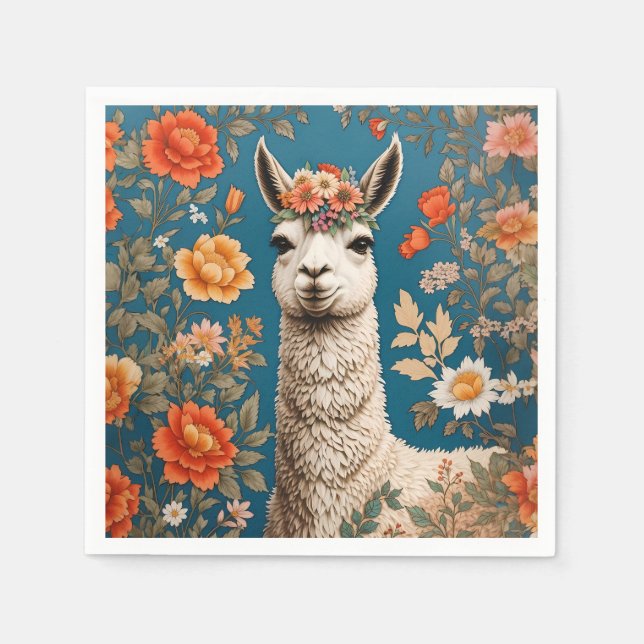 Cute Llama William Morris Inspired Floral Napkin (Front)