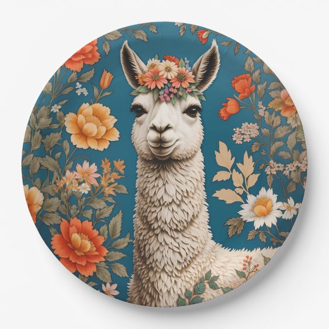 Cute Llama William Morris Inspired Floral Paper Plate (Front)