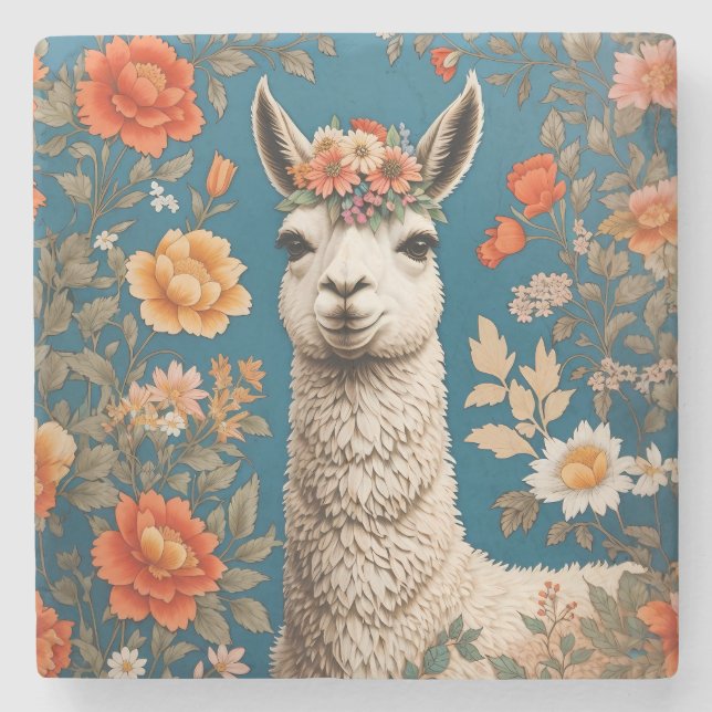 Cute Llama William Morris Inspired Floral Stone Coaster (Front)