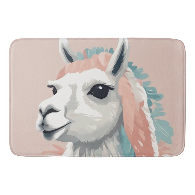 Cute Llama with Colourful Fur on its Head Bath Mat (Front)