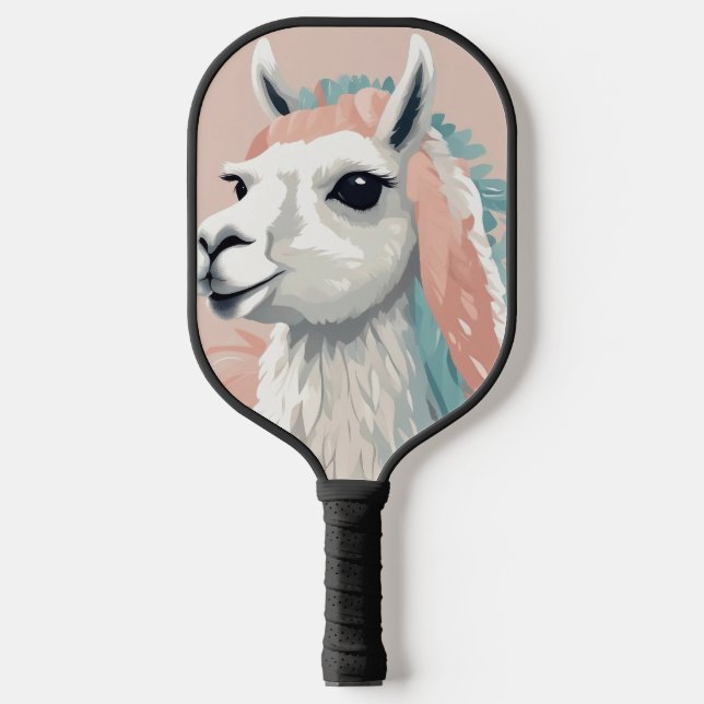 Cute Llama with Colourful Fur on its Head Pickleball Paddle (Front)